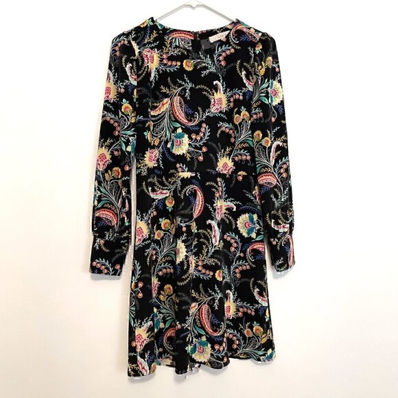 ANN TAYLOR LOFT Floral Flare Dress Black Multi Boho Long Sleeve Fit Flare Dress - Picture 2 of 14
